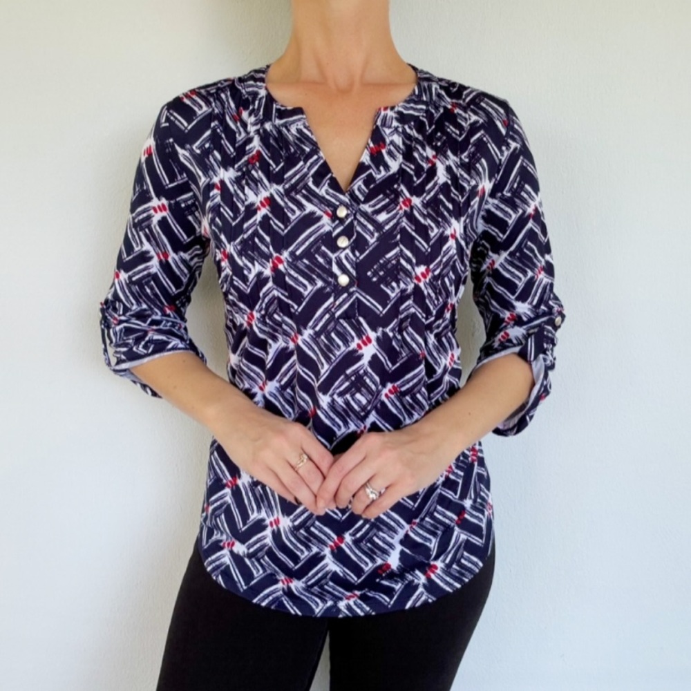 Notations navy blue red abstract print 3/4 sleeve stretch blouse size small